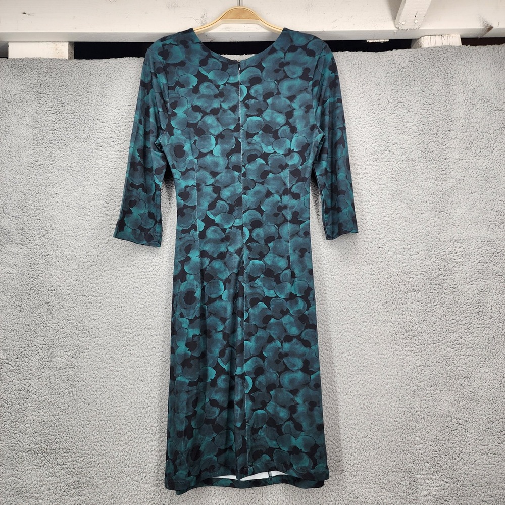 Hugo Boss Teal Black Abstract Print Ruched V-Neck Sheath Dress 3/4 Sleeve - Picture 3 of 12